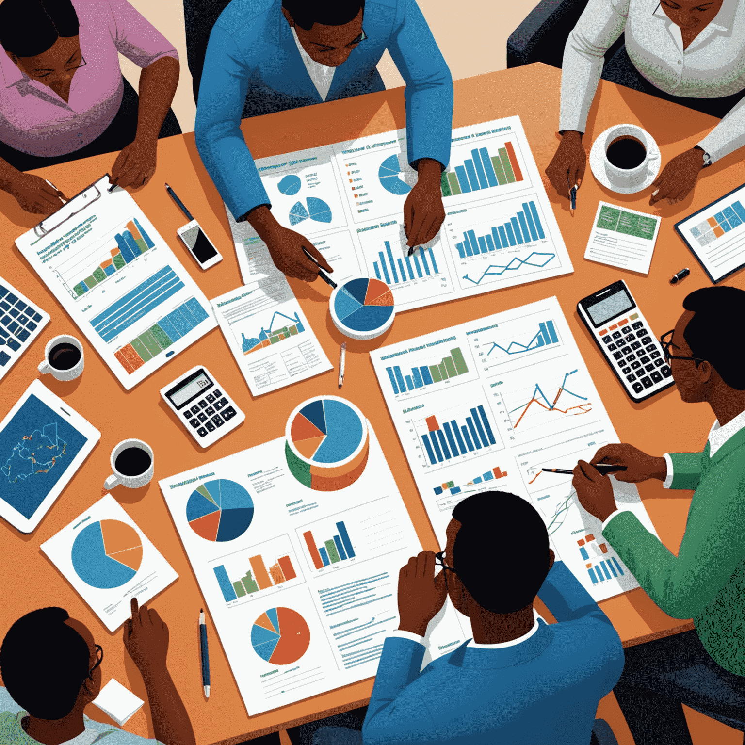 Illustration depicting market research activities in SADC countries, showing graphs, charts, and people analyzing data