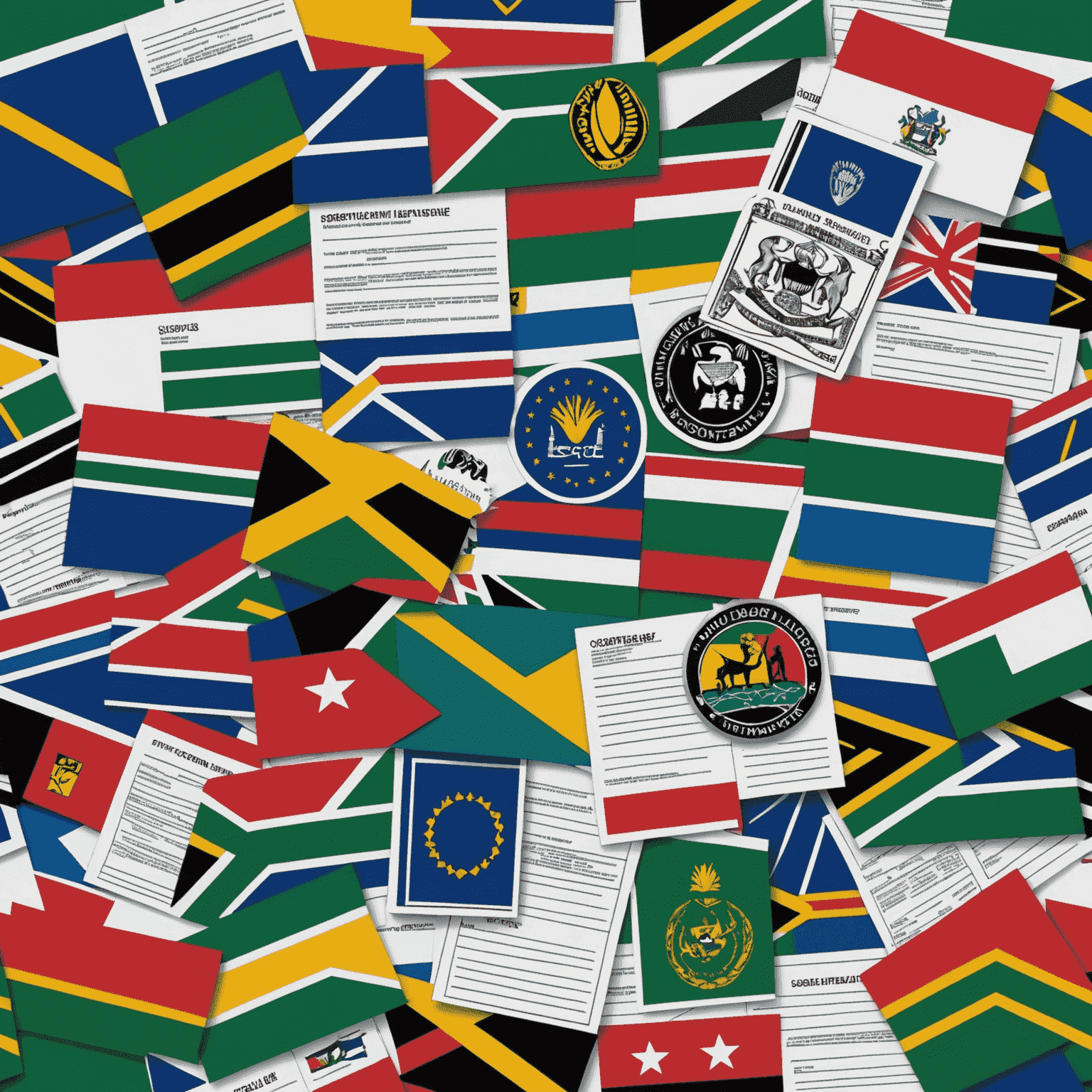 A complex regulatory landscape with various SADC country flags and legal documents, symbolizing the intricate compliance environment for South African businesses