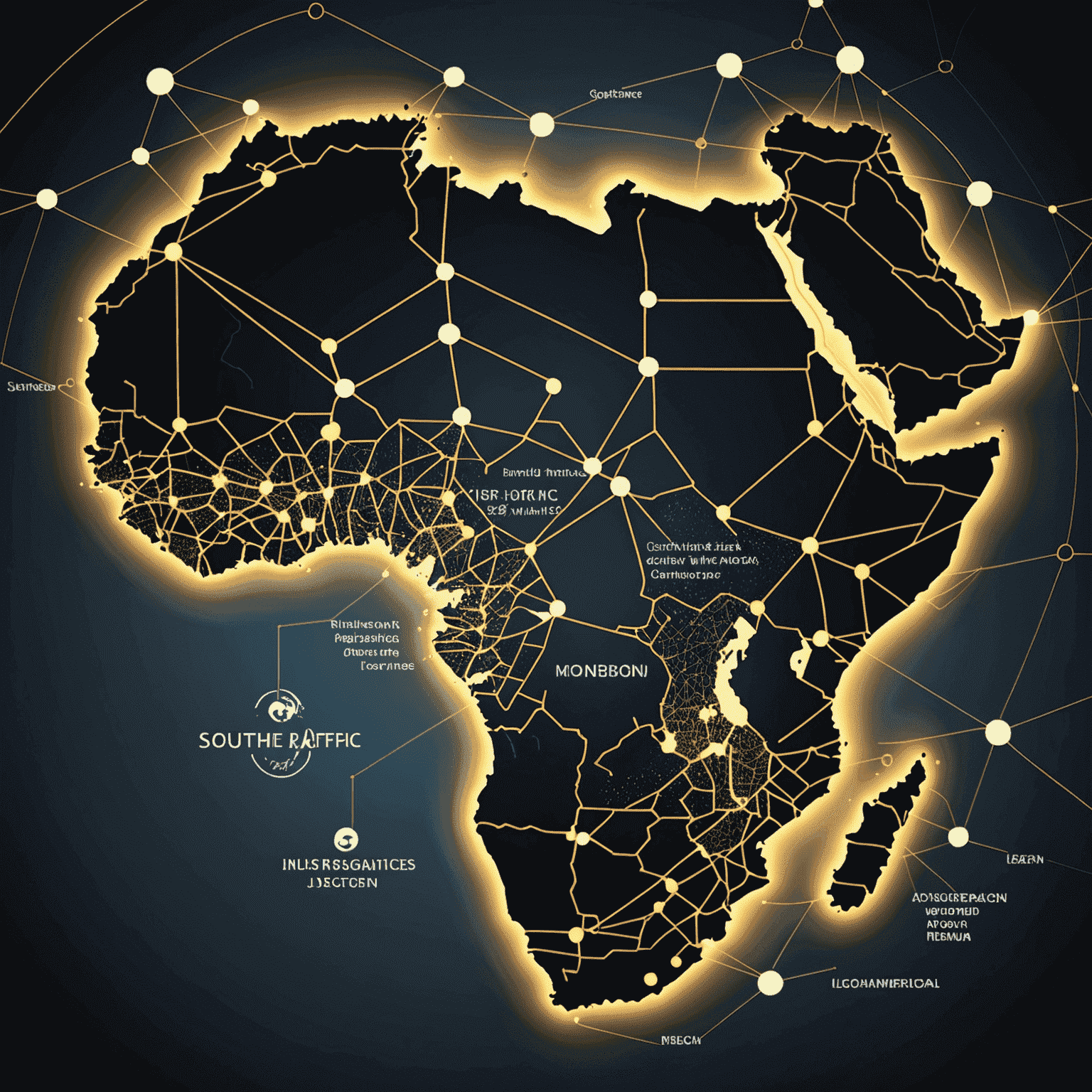 A network of interconnected nodes representing strategic partnerships between businesses in SADC countries. The image shows a map of Southern Africa with glowing lines connecting various cities, symbolizing cross-border collaborations.