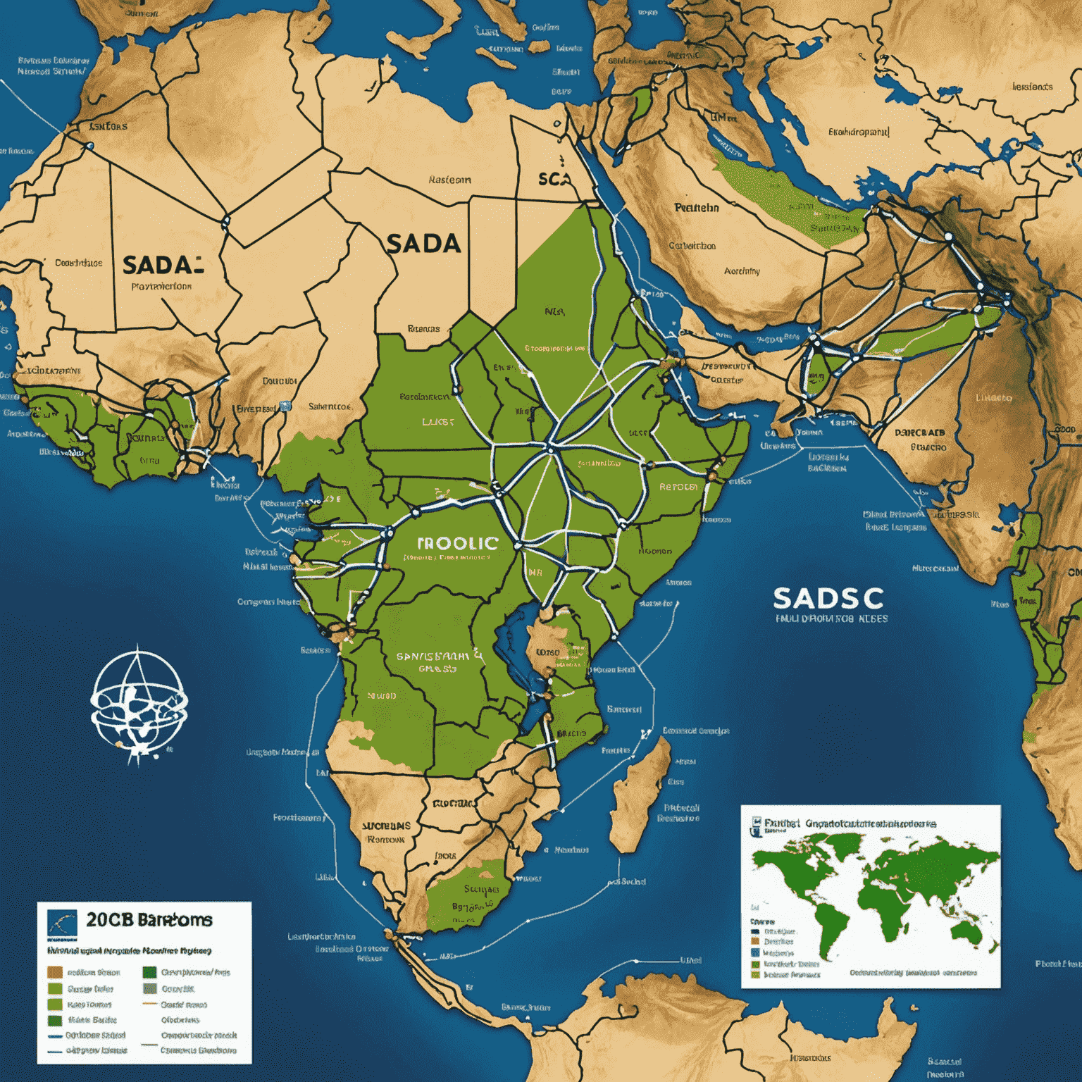 Map of SADC region with logistics routes highlighted, showing interconnected transportation networks across borders