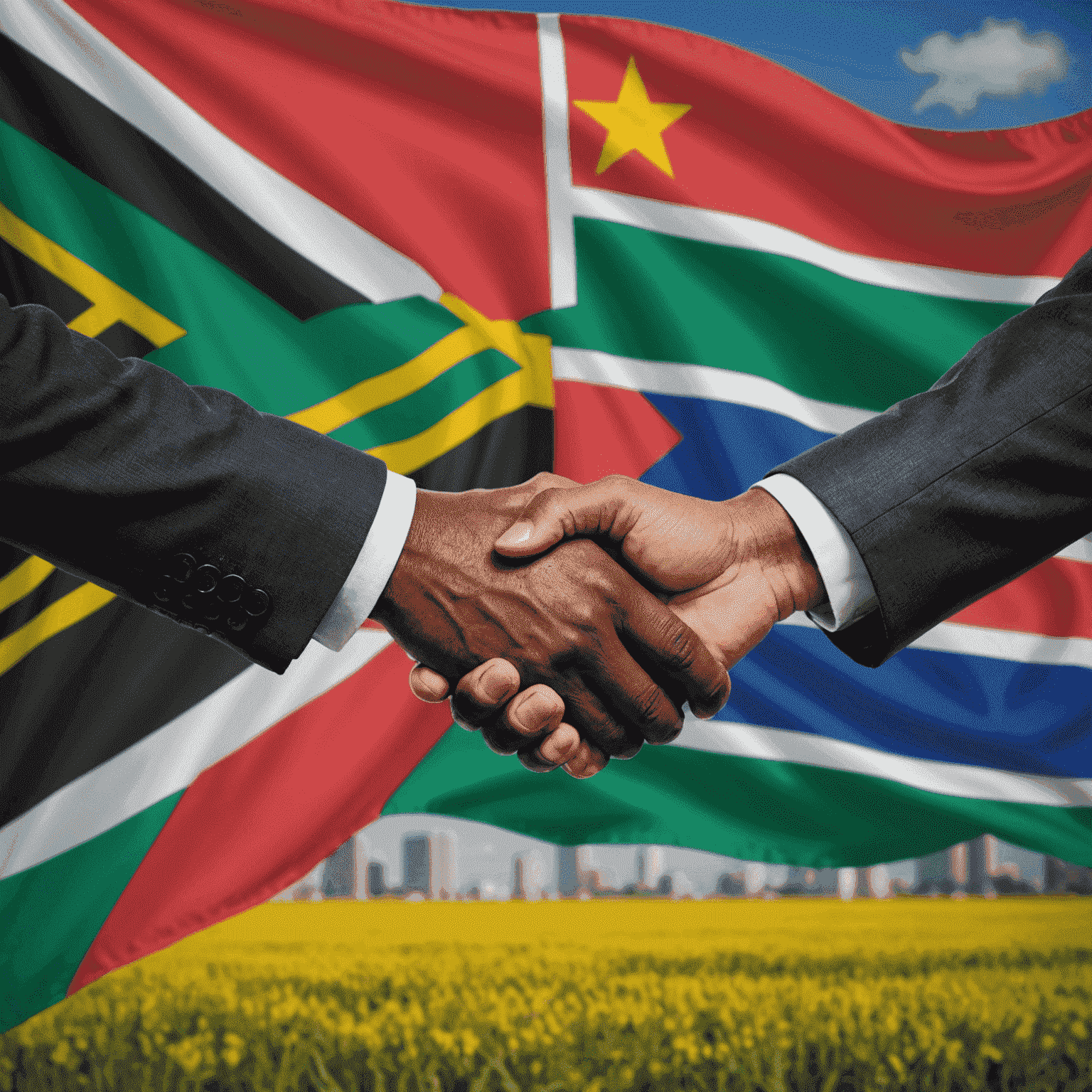 Handshake between South African and Mozambican business people in front of their respective country flags, symbolizing a successful joint venture