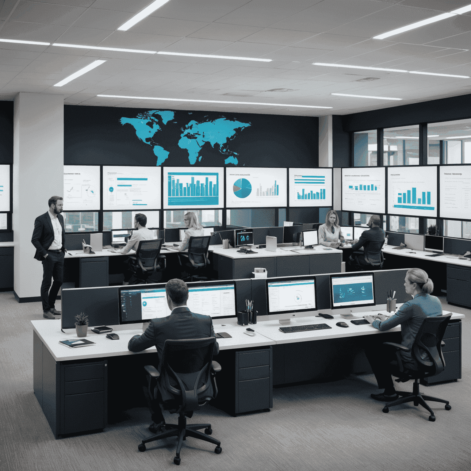 A modern office setting with professionals using NetSuite on multiple screens, showcasing real-time compliance monitoring and reporting for SADC markets