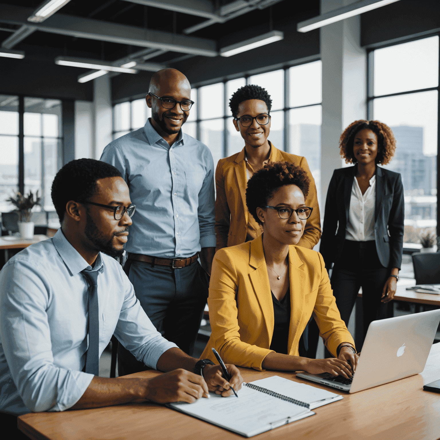 Diverse group of employees in a modern office setting, representing South African and local SADC country staff collaborating on a project